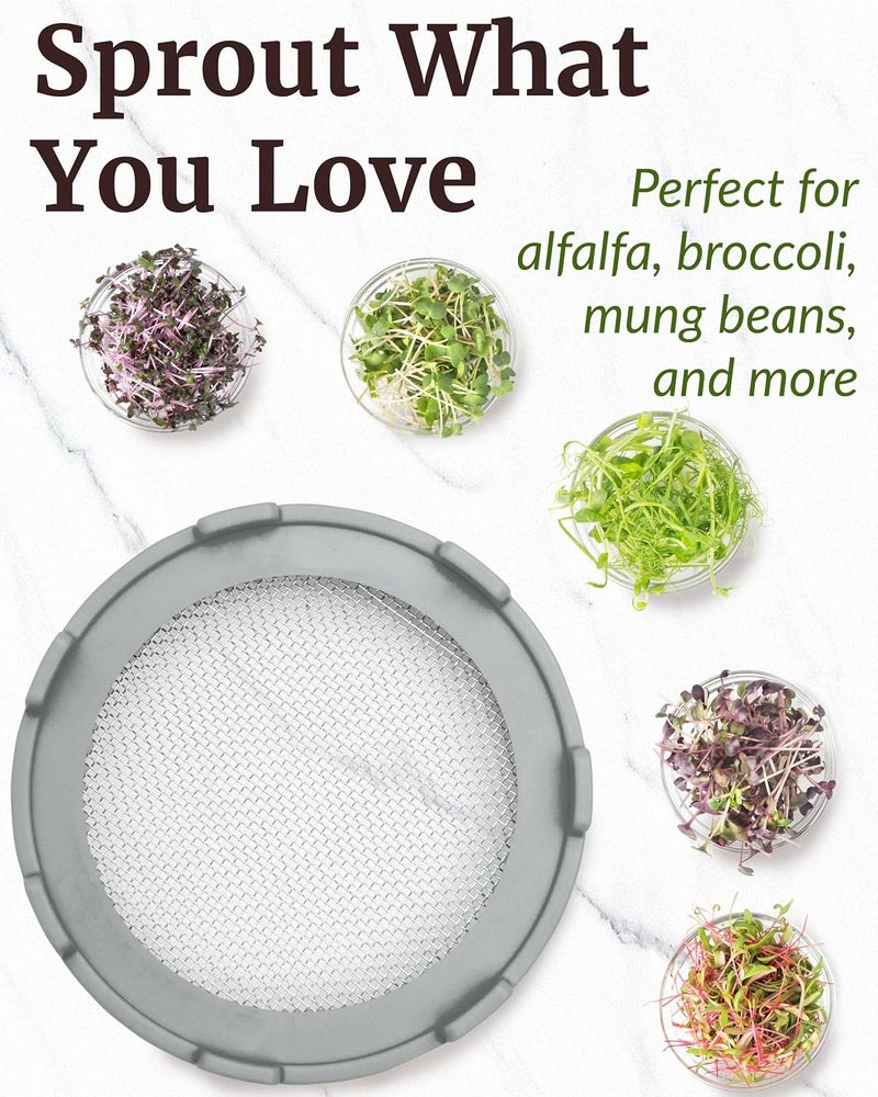 Elementi Sprouting Lids for Mason Jars (Set of 2), Wide Mouth Mason Jar Strainer Screen Lids for Sprouting Kit, 316 Stainless Steel Mesh (Grey) - Image 3